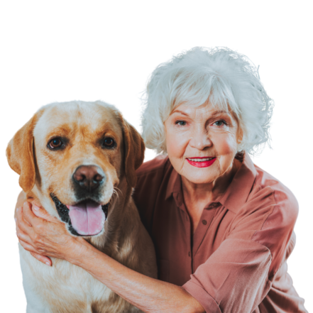 Smiling elderly lady holding her hands around a dog looking happy