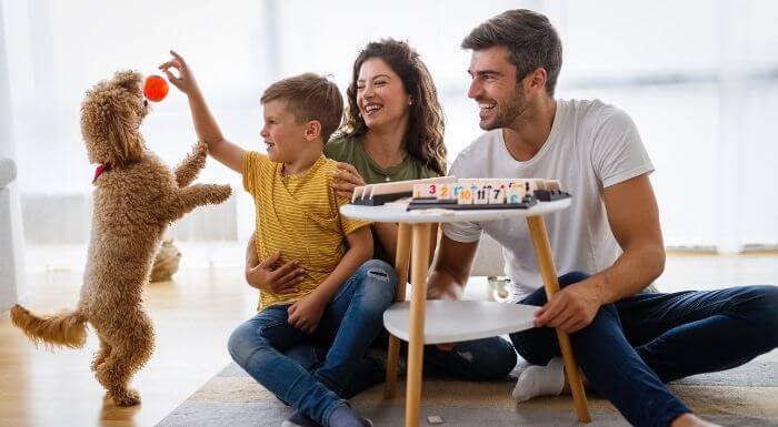 child and parents playing indoor at floor with dog
